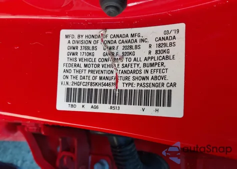 2019 Honda Civic Sport z USA, uszkodzony, nr VIN 2HGFC2F85KH544679